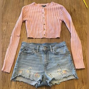 Levi’s Cut Offs Embroidered Size 27 with Coordinating Dusty Pink Cotton Sweater